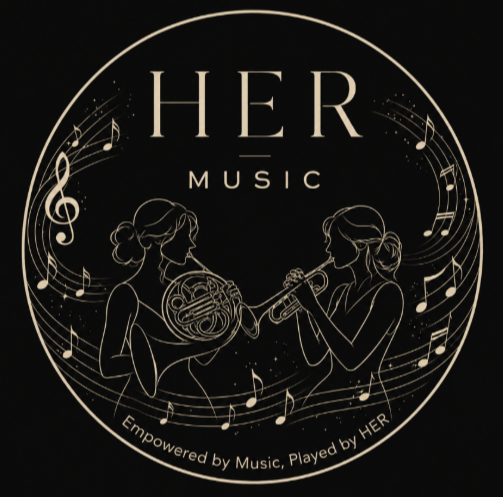 HER Music logo — two women musicians playing French horn and trumpet